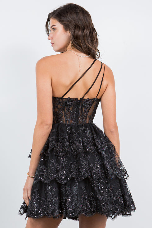 Lace One-Shoulder Tiered Skirt Cocktail Dress for Women 4/XS-16/3X